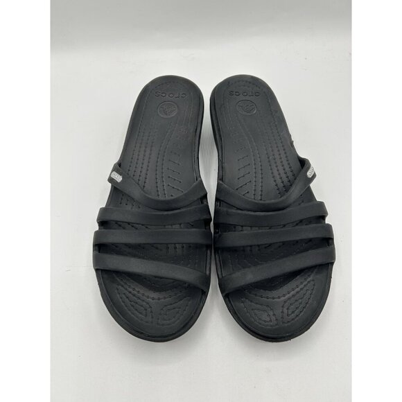Crocs Rhonda Wedge Black SlipOn Strappy Comfort Sandals Size 8 - Picture 2 of 7